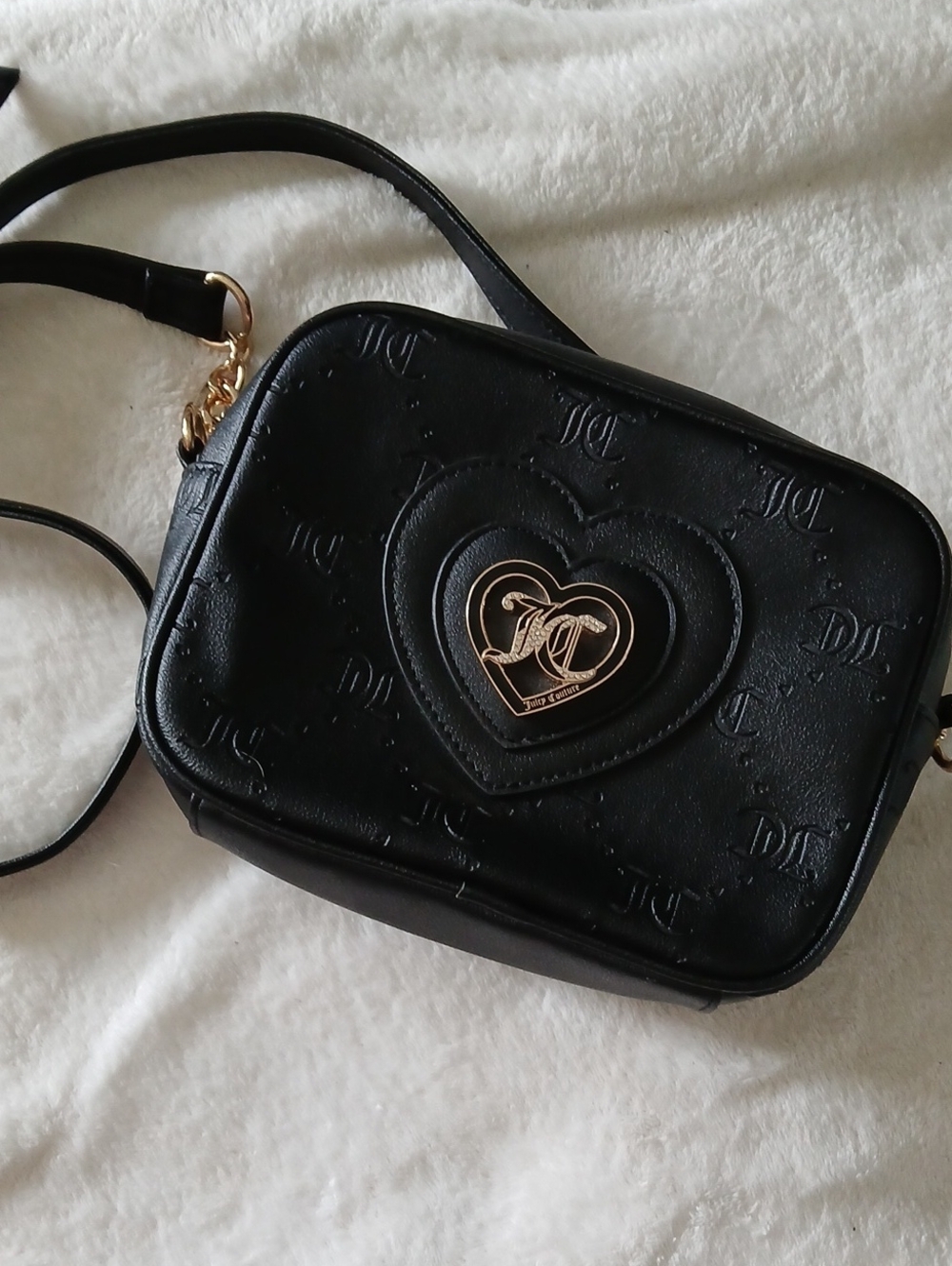 Juicy Couture Black Embossed Crossbody Bag Purse + Rhinestone Studded Heart